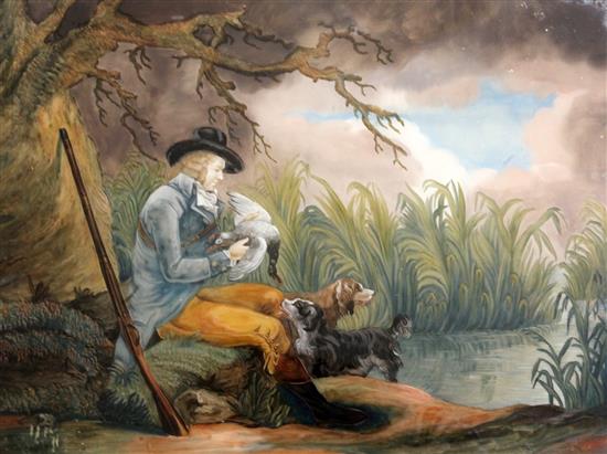 Early 19th century Continental School Huntsman with gun dogs 12.5 x 17in